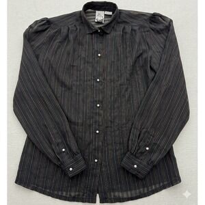 Renoir Vintage Black Copper Striped Sheer Blouse 9/10 Puff Sleeve Pearl Buttons